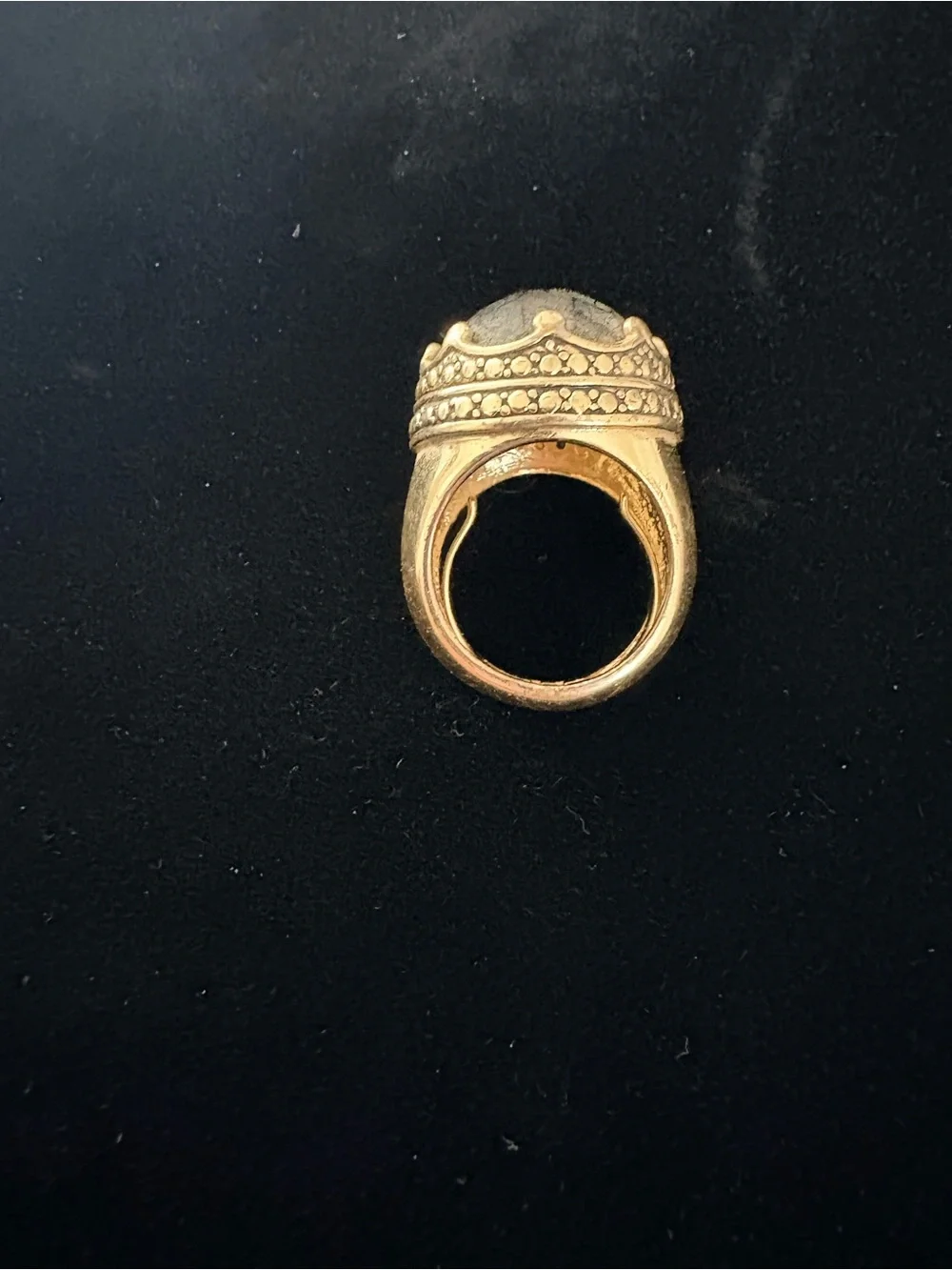 Heavy Crown Gold-Tone Statement Ring with Dark Green Stone